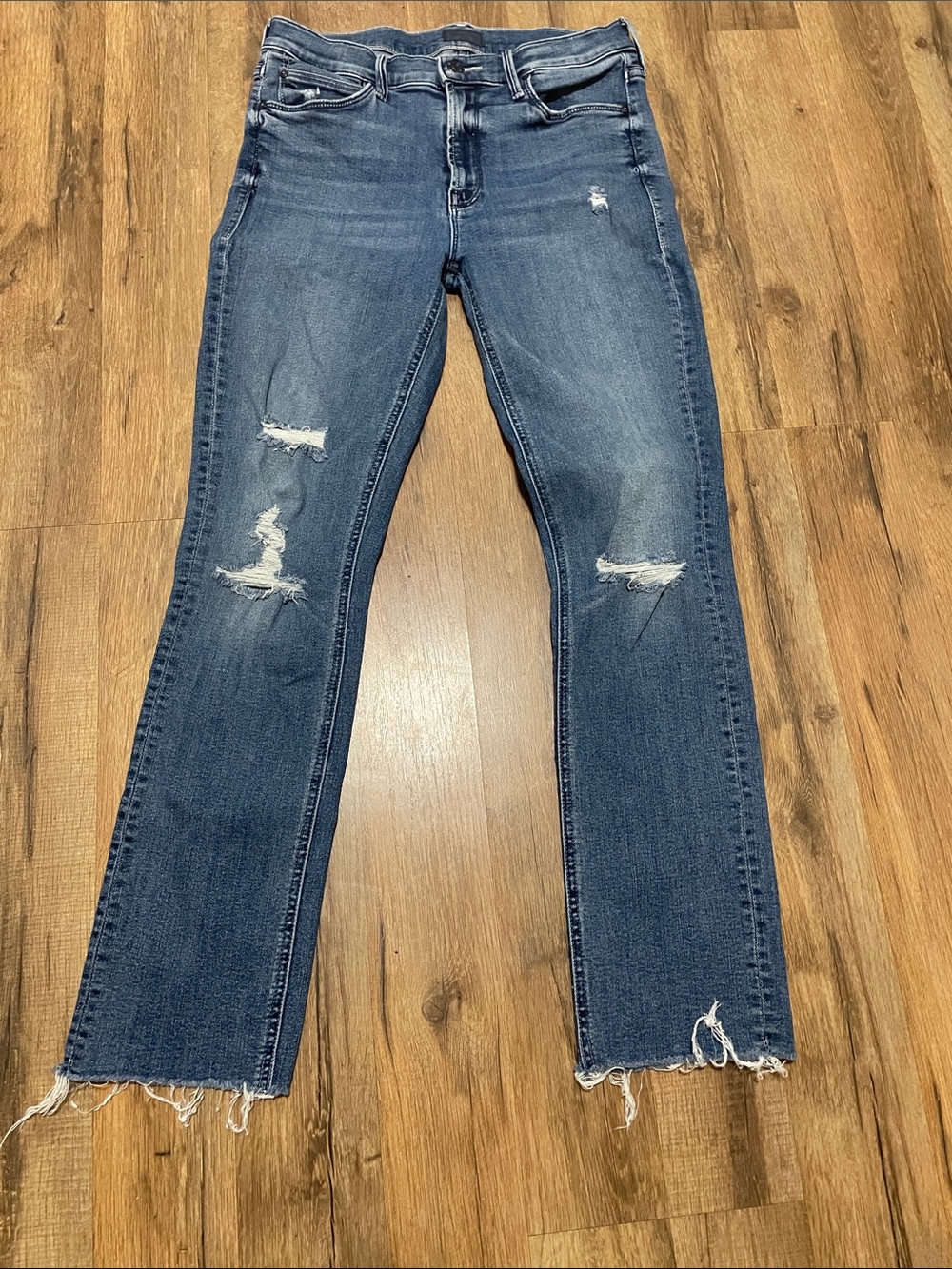 MOTHER Straight Leg Distressed Denim Jeans - Medium Blue